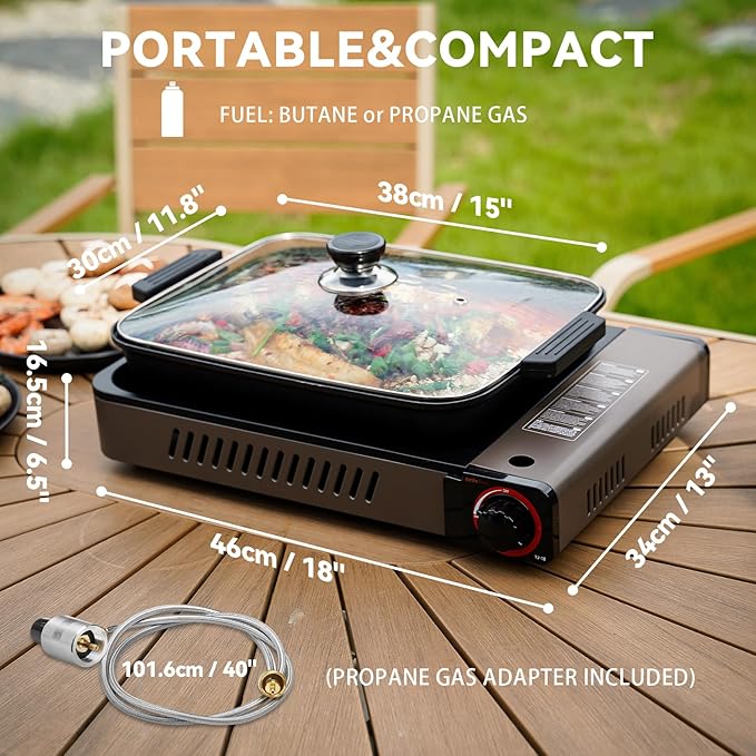 ONLYFIRE Butane Stove with Grill Pan, Portable Stove with Small Griddle & Lid, Camping Stove