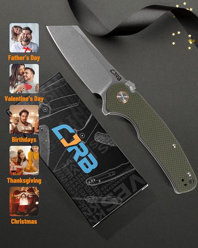 CJRB Crag Tactical Knife, Cleaver Pocket Folding Knife with Stonewash AR-RPM9 Steel Blade and G10