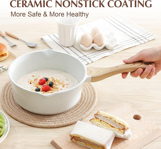 SENSARTE White Ceramic Nonstick Saucepan with Double Spout 3.0 Quarts, Cooking Pot with Stay Cool