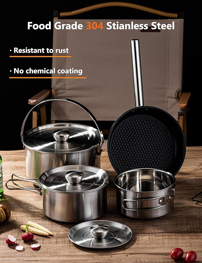 CampPro Camp Cooking Set for 4-8, Stainless Steel Camping Cookware Set, Camping Equipment with