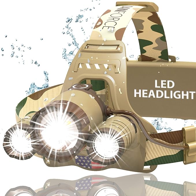 DanForce Camouflaged Headlamp Ultra Bright USB Rechargeable Head lamp. Tactical Head Flashlight