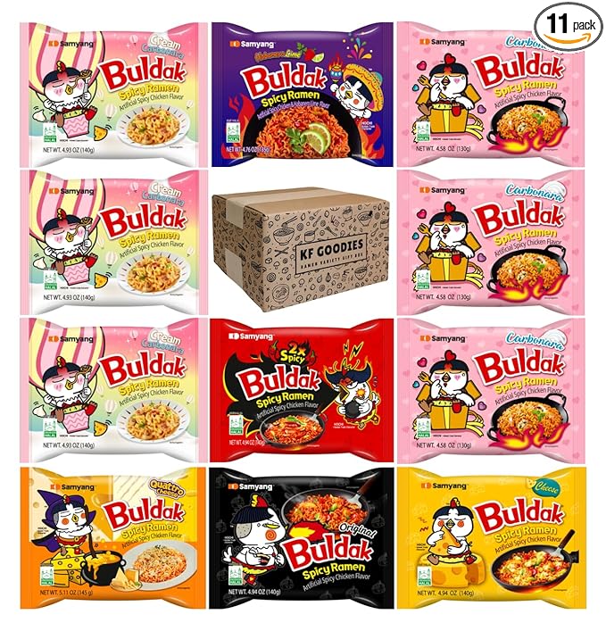 KF GOODIES Korean Ramen Variety Pack Gift Box (11 Count) - Spicy Buldak Noodle Assortment for