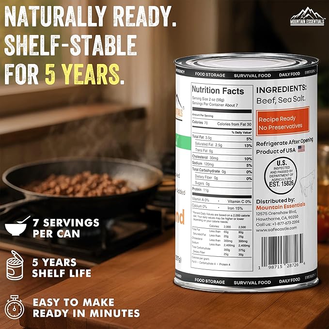 MOUNTAIN ESSENTIALS Ground Beef 14 Oz Fully Cooked Ready to Eat Hamburger Meat Emergency Survival