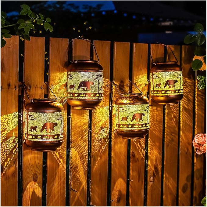 Bear Solar Lanterns Outdoor Waterproof,Hanging Solar Lights Bear Gifts for Women Men Metal LED