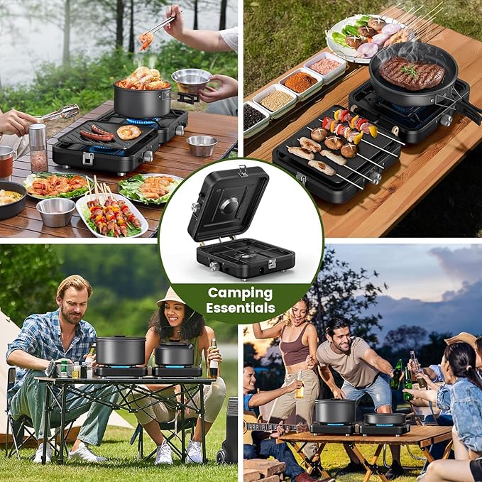OGERY 2-Burner Foldable Camping Stove with Griddle (Textured & Smooth) and Carrying Bag, Portable