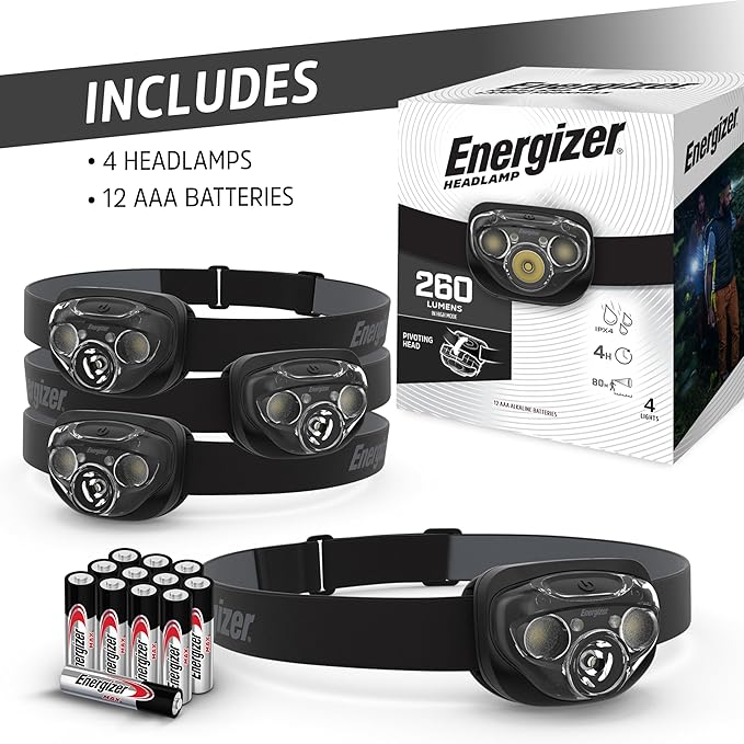 Energizer LED Headlamps PRO260 (4-Pack), IPX4 Water Resistant Headlamps, High-Performance Head