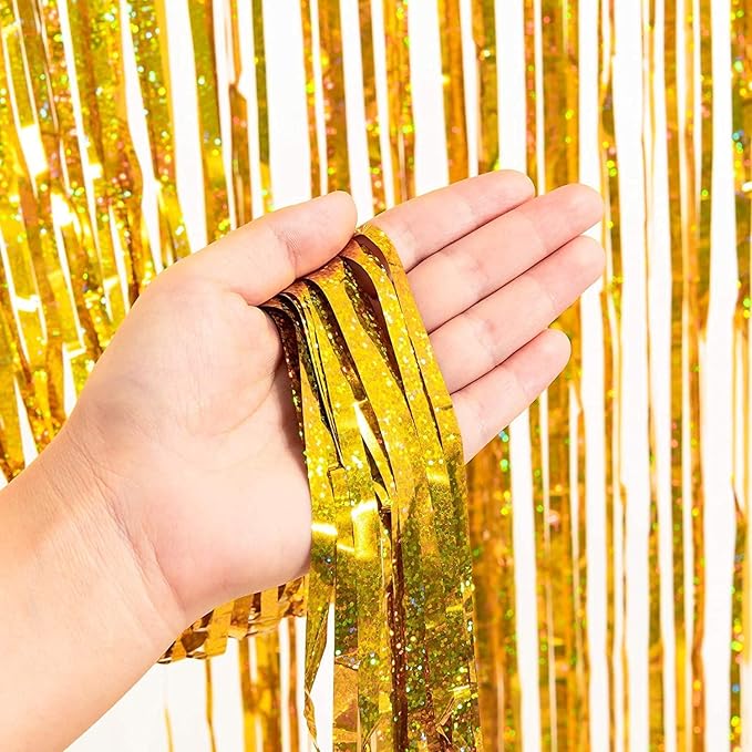 BRAVESHINE Black Gold Foil Fringe Curtain Backdrop - 2 Pack 3.2 x 8.2 ft Metallic Tinsel Photo