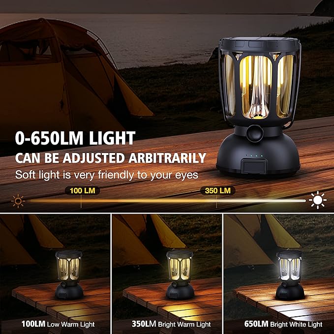 Raynic 6000 LED Camping Lantern Rechargeable, 650LM Hand Crank Solar Camping Light, Portable