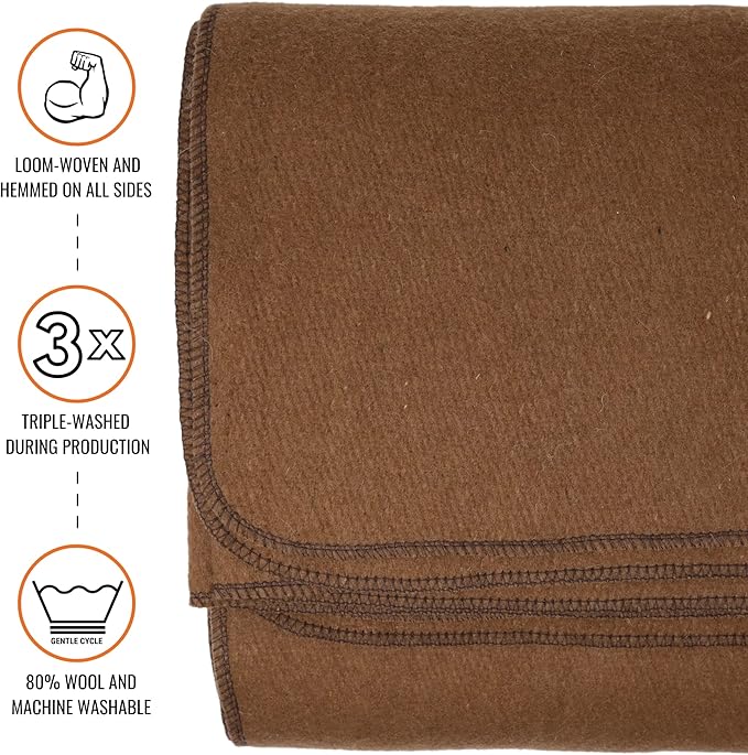 Arcturus Military Wool Blanket - Warm, Thick, Washable - Great for Outdoors, Camping, Stadium