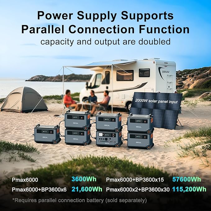 OSCAL 6000W/7200Wh Power Station with Expansion Battery, Expand Capacity from 3600Wh to 7200Wh