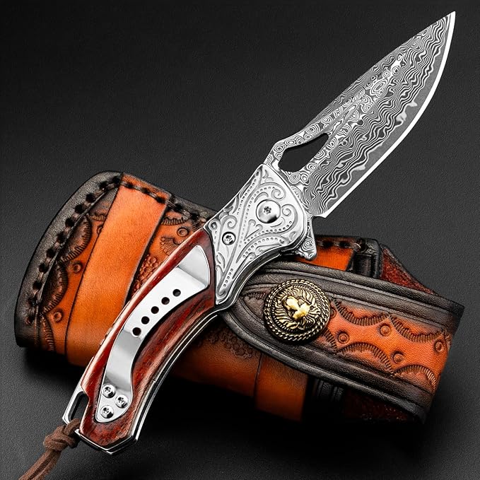 NedFoss Heron Damascus Pocket Knife, 2.8" Handmade Forged VG10 Damascus Steel Blade, 6.5" EDC