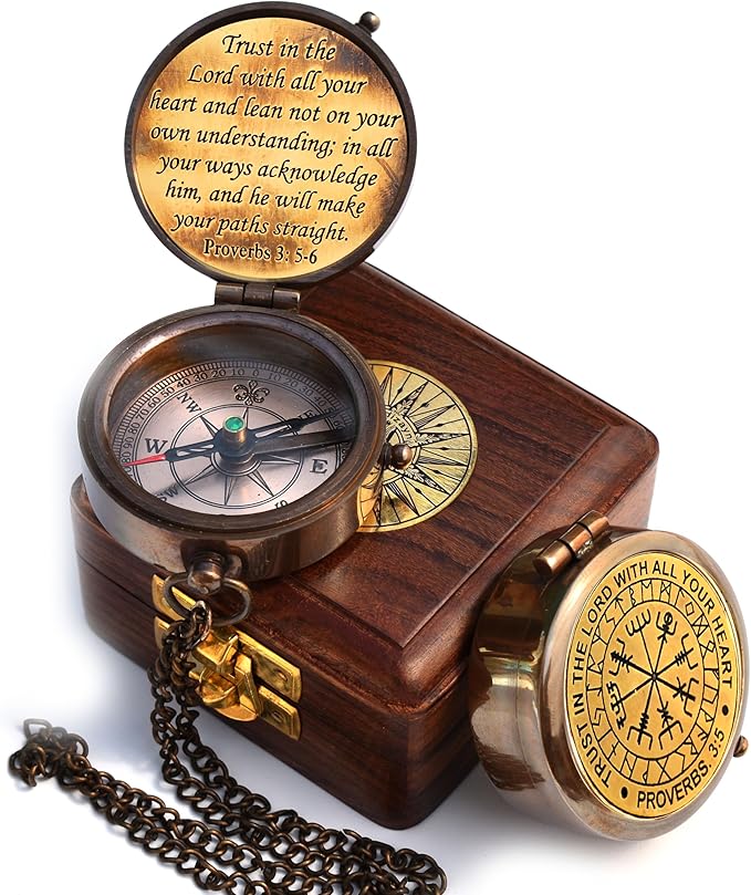 Trust in The Lord With All Your Heart - Proverbs 3:5-6 Quote Engraved Compass With Wooden Box