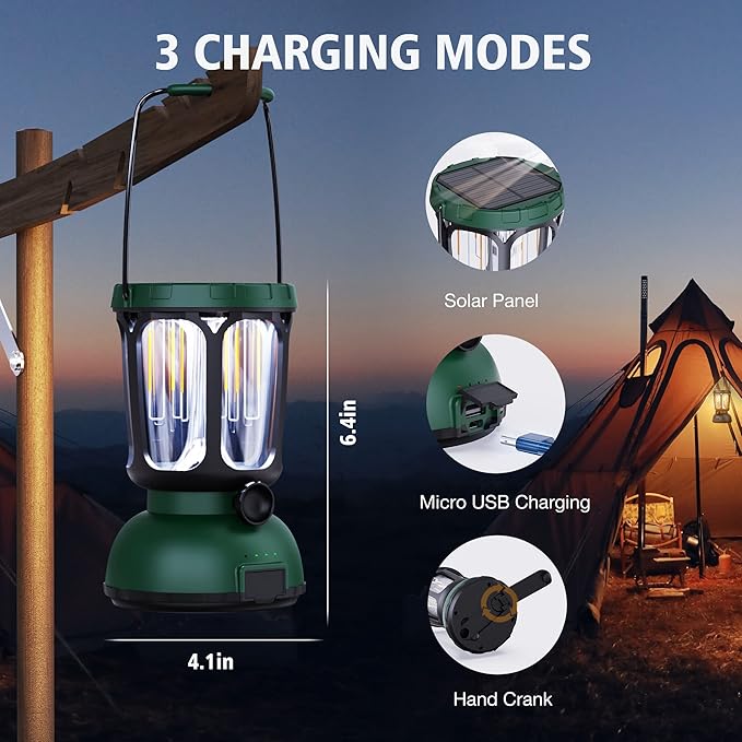 Raynic 6000 LED Camping Lantern, 650LM Hand Crank Solar Battery Powered Rechargeable Lantern