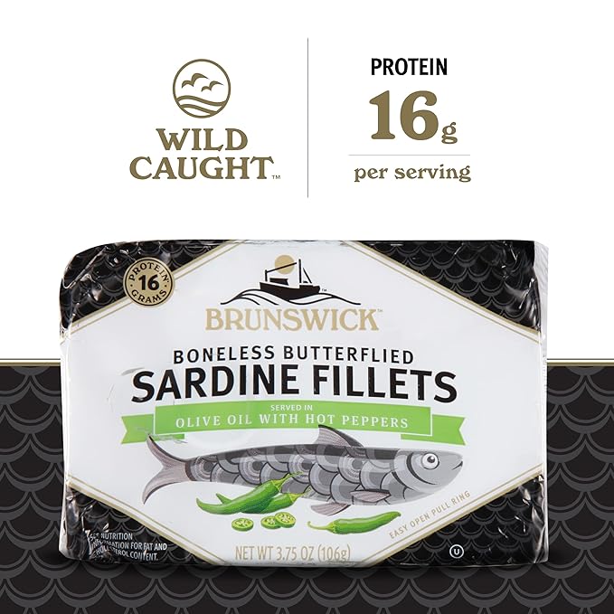 Brunswick Sardines in Olive Oil with Hot Peppers, 3.75 oz Can (Pack of 12) - Boneless Butterflied