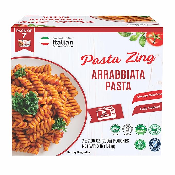 Pasta Zing Microwavable Arrabbiata Pasta, Pack of 7, 7.05 Ounce | Ready To Eat in 60 Sec | Made