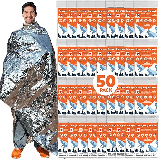 50 Pack Emergency Thermal Blanket Survival, Mylar Blankets for Outdoor, Space Blanket, Silver Foil