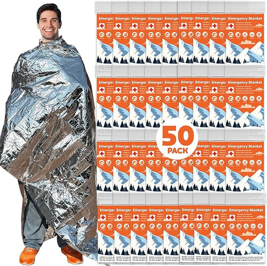 50 Pack Emergency Thermal Blanket Survival, Mylar Blankets for Outdoor, Space Blanket, Silver Foil