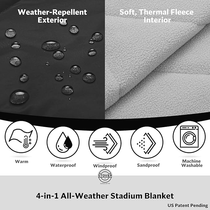STOVER Waterproof Stadium Blanket – Portable Outdoor Camping Blanket for Travel, Picnics, or Sports