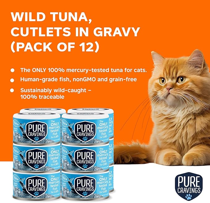 Pure Cravings Wet Cat Food Canned Tuna Cutlets in Gravy, 100% Mercury-Tested, Moist Can Fish for
