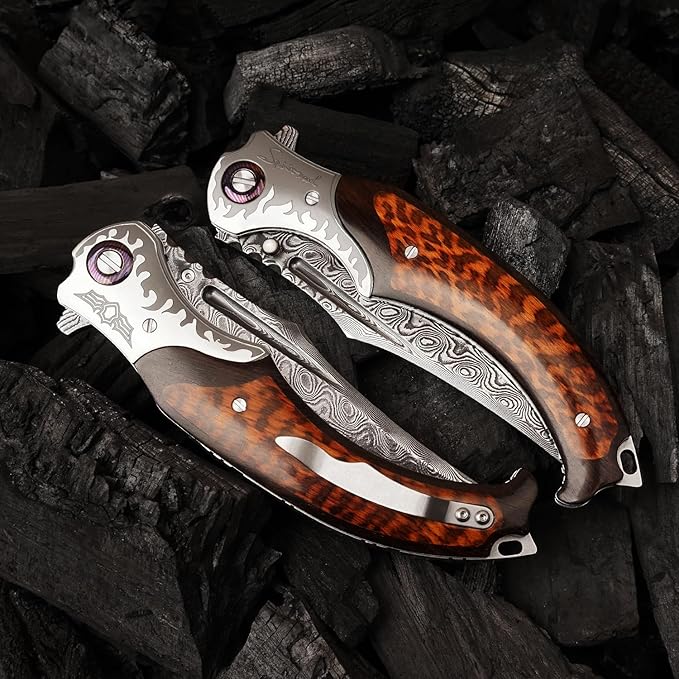4.6in Damascus steel blade, ebony inlaid with serpentine wood handle with leather pocket folding