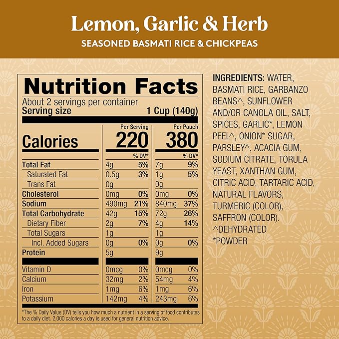 Royal Lemon, Garlic, and Herb Basmati White Rice and Chickpeas - Ready to Heat Basmati Rice - (6