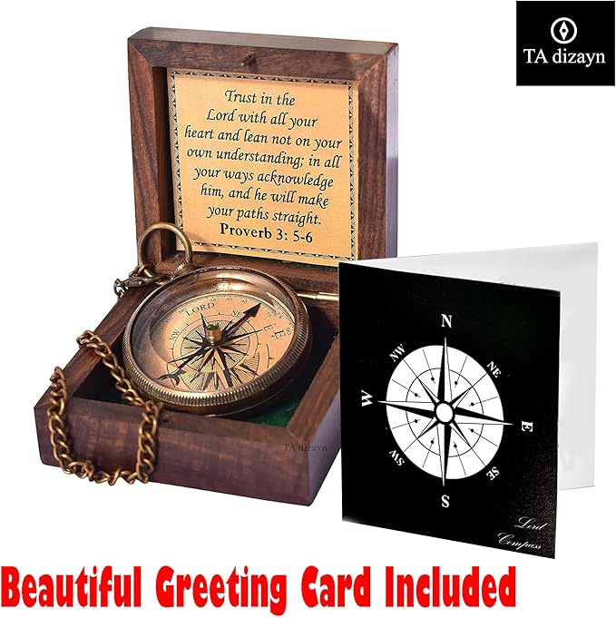 Trust in The Lord With All Your Heart - Proverbs 3:5-6 Quote Engraved Compass With Wooden Box