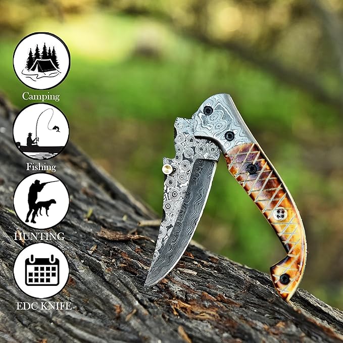 Handmade Damascus Folding Knife for Men with Burn Bone, 7.5 inch Pocket Knife with Sheath,Tactical