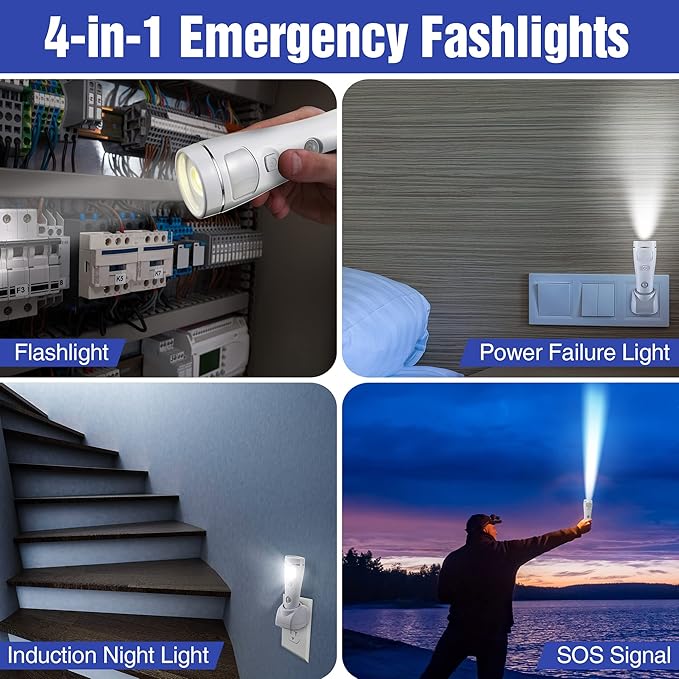 Enhon 4 in 1 LED Emergency Lights for Home Power Failure, 2 Pack Rechargeable Plug in Flashlight
