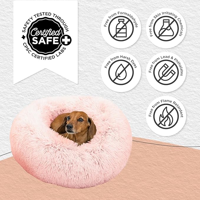 Best Friends by Sheri Original Calming Donut Dog and Cat Bed, Shag Faux Fur, Cotton Candy Pink