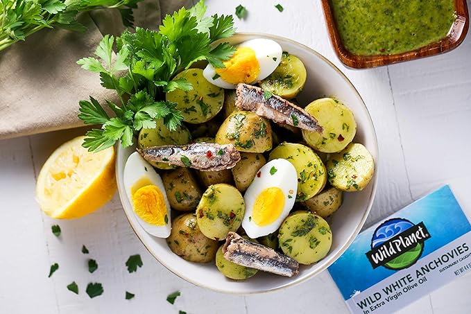Wild Planet Wild White Anchovies in Extra Virgin Olive Oil, Tinned Fish, 4.4 Ounce, Pack of 12