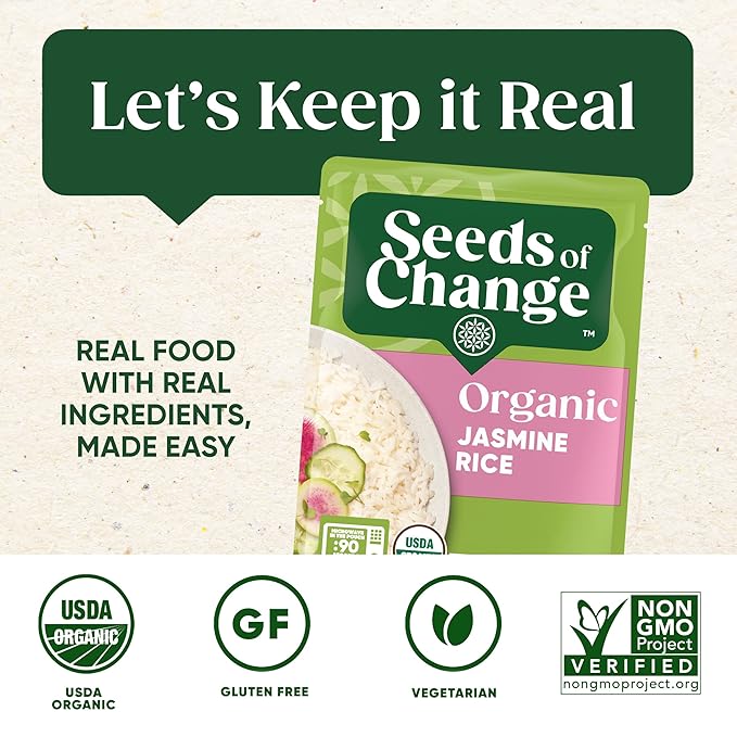 SEEDS OF CHANGE Certified Organic Jasmine Rice, Organic Food, 8.5 oz Pouch (Pack of 12)