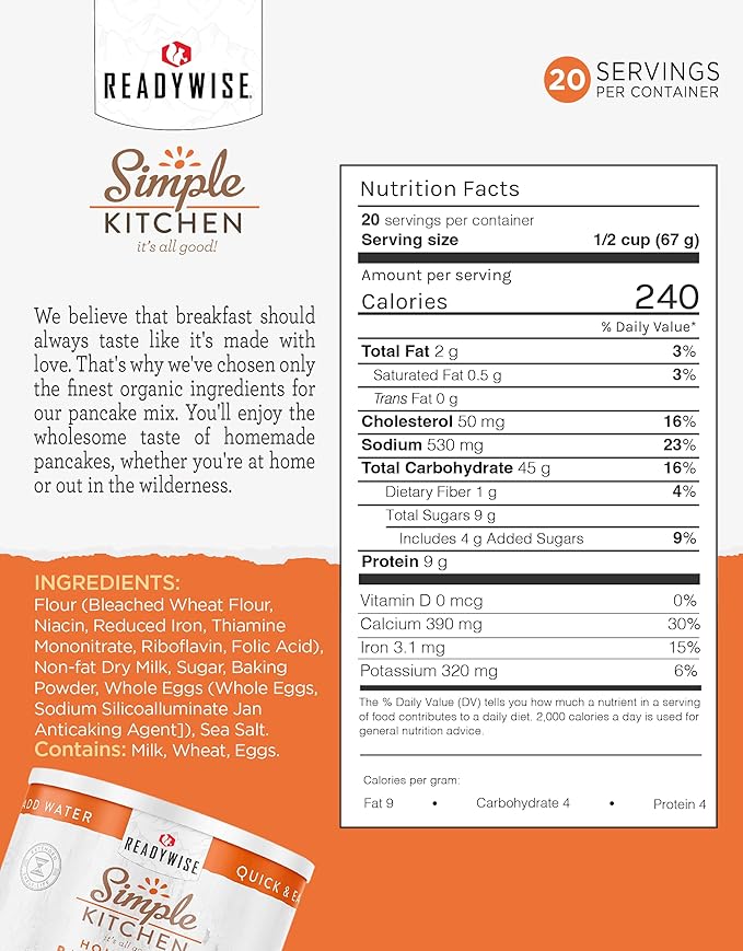Simple Kitchen Homestyle Pancake Mix ??20 Servings for Family Meal Prep, Gluten Free & Freeze Dried