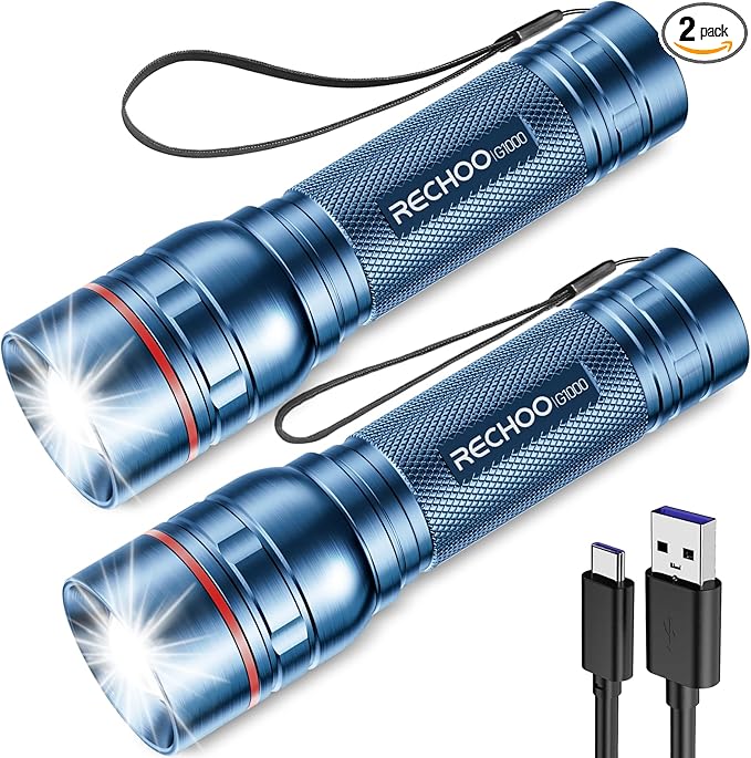RECHOO Rechargeable Flashlights High Lumens, Super Bright Flash Light 2 Pack, Small Zoomable LED