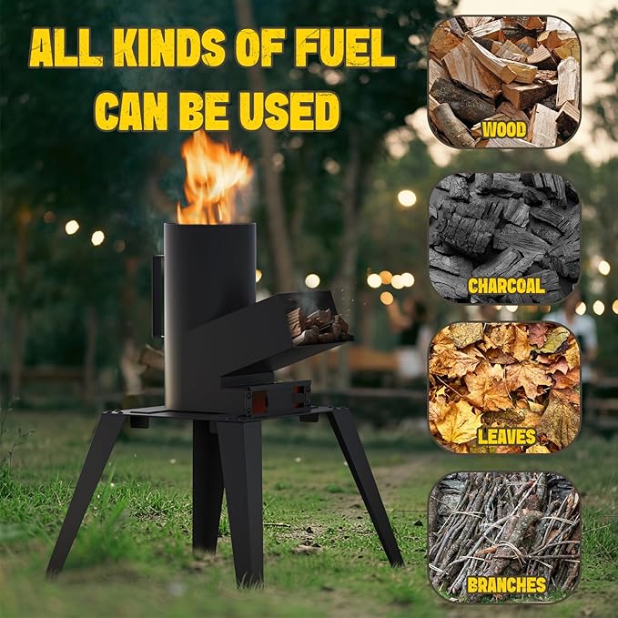 3-in-1 Camp Rocket Stove Kit with BBQ Grate, Griddle, Pot Rack, Portable Wood Burning Stove with
