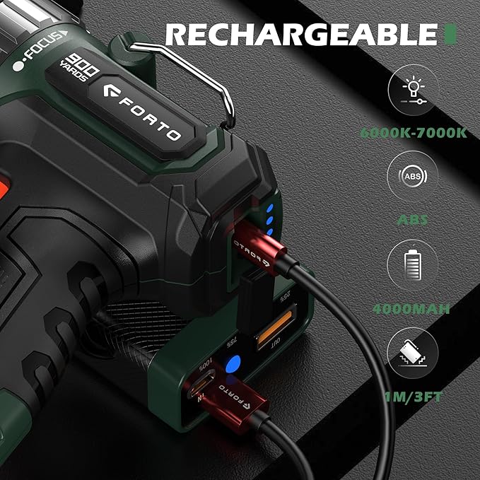 FORTO Compact Rechargeable Spotlight with Adjustable Focus, Handheld Spot Light with Stand, 823m