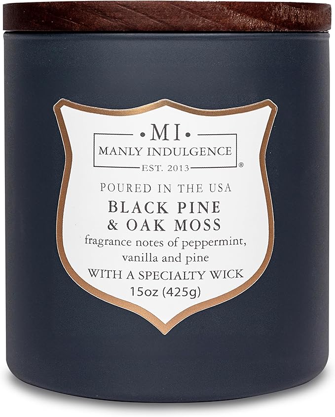 Manly Indulgence Black Pine Oakmoss Scented Candles for Men, 15 oz Wooden Wick, Premium Soy Blend