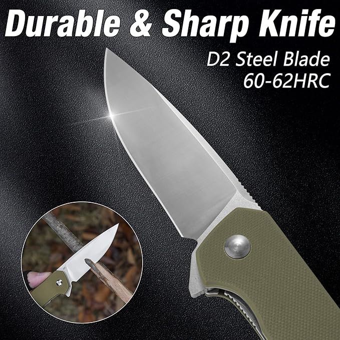 FLISSA Pocket Knife, Folding Tactical Knife with G10 Handle, D2 Blade, Liner Lock, Pocket Clip, EDC
