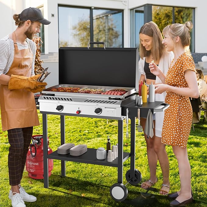 Bonnlo 2-in-1 Propane Stove and Griddle, Iginition Outdoor Gas Cooker with Storage Shelf and