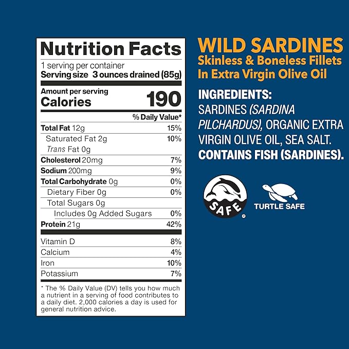Wild Planet Wild Sardines in Extra Virgin Olive Oil with Sea Salt, Skinless & Boneless, Tinned Fish