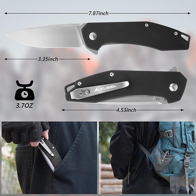 FLISSA Pocket Knife, Folding Tactical Knife with G10 Handle, D2 Blade, Liner Lock, Pocket Clip, EDC