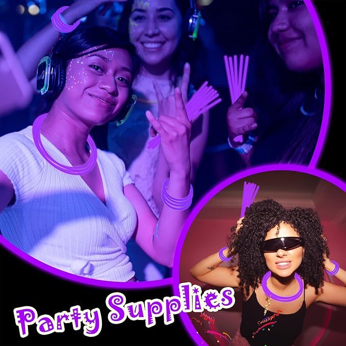 100 pk 8" Purple Glow Sticks Bulk Party Favors, Light up Glow Necklaces & Bracelets in the Dark