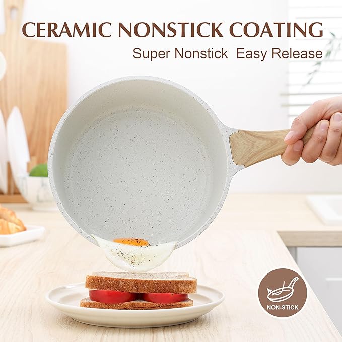 SENSARTE White Ceramic Nonstick Saucepan with Lid 2.5 Quarts, Medium Cooking Pot with Stay Cool