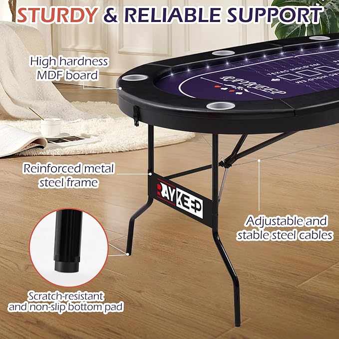 71" LED Poker Table - 8 Player Foldable Texas Hold'em Table with Built-in LED Lights, Padded Rails