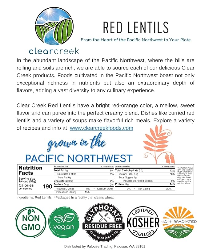CLEAR CREEK Certified Glyphosate Residue Free Red Lentils | 8 LB Linen (2-4 lb Bags) | Non-GMO |