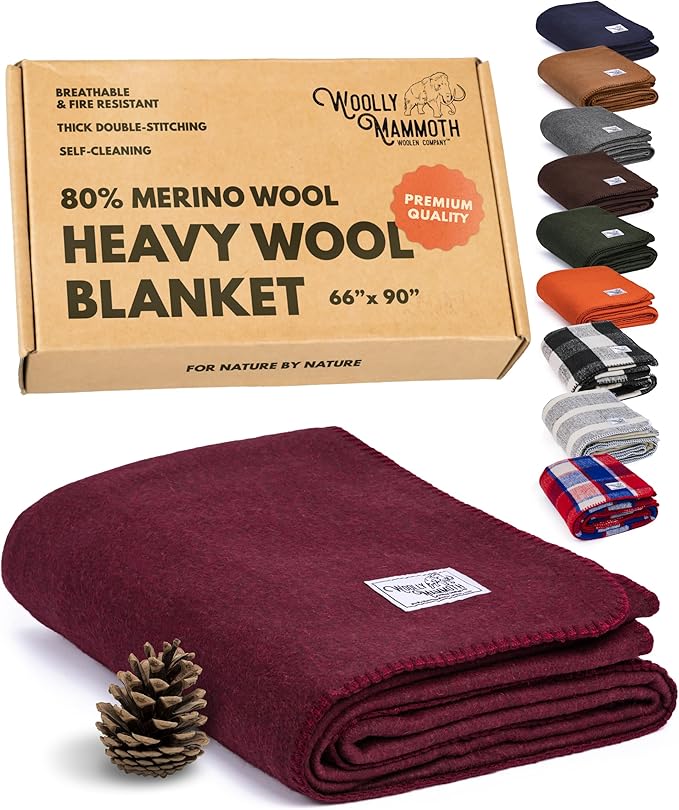 Woolly Mammoth Woolen Company Outdoor Merino Wool Throw Blanket - 66 x 90 in, Large, Burgundy
