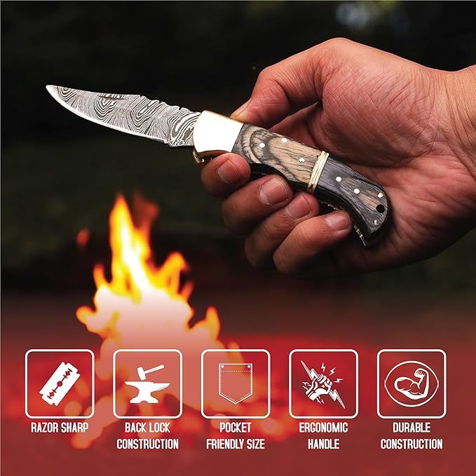 6.5 inch Damascus Pocket Knife with Sheath, Handmade Folding Pocket Knife for Men, Black-Red Wooden
