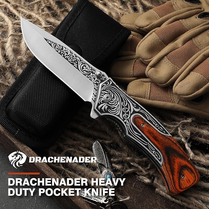 Pocket Knife for Men, 8.7" Folding Knife, 440 Stainless Steel Blade, 0.19lb, Wood Handle with 3D