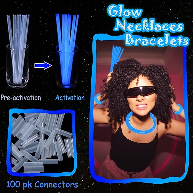 ILHSTY 100 pk 8'' Blue Glow Sticks Glow Necklaces In The Dark Party Favor Supplies Bright