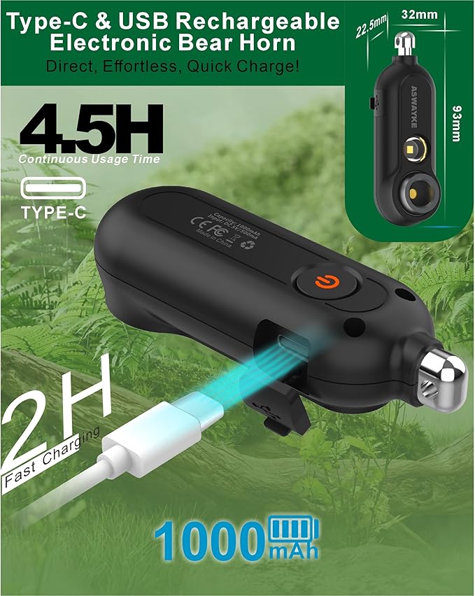 125dB Rechargeable Bear Horn,IPX5 Waterproof & LED Flashlight Bear Deterrent Device for Hiking