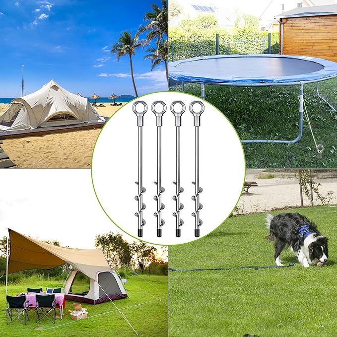 4 Pack Tent Stakes, 12 Inch Heavy Duty Ground Anchors, Fully Welded Spiral Earth Anchors for